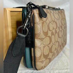 COACH Signature Canvas Logo Everett Colorblock Teal Blue Green Khaki Crossbody